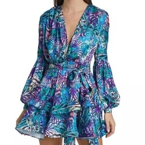 Bronx and Banco Size L/8 Blue Floral Long Sleeve Belted Silk Wrap Minidress